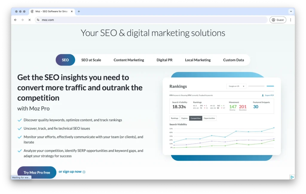 Moz tool for SEO insights and link building in SaaS content strategy